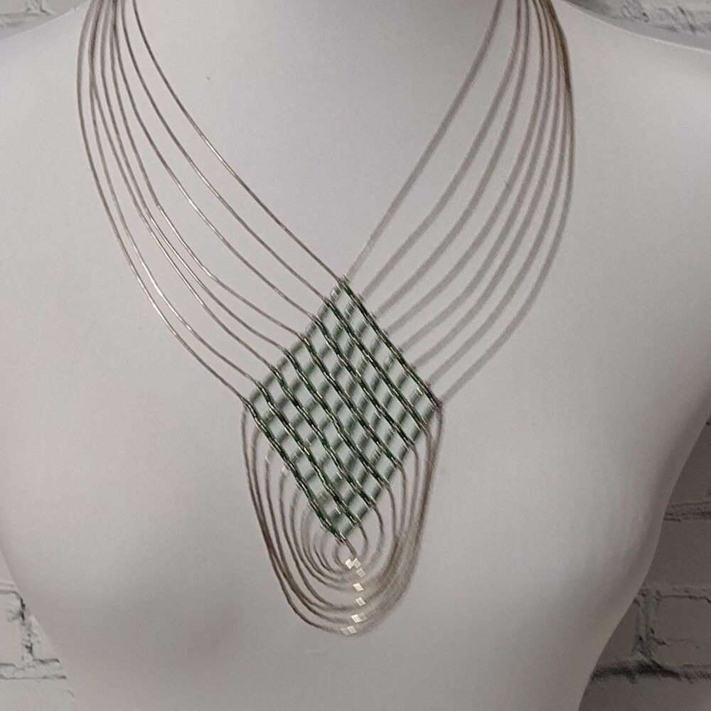 Southwest Liquid Silver and Malachite Basket Weave Bib Necklace